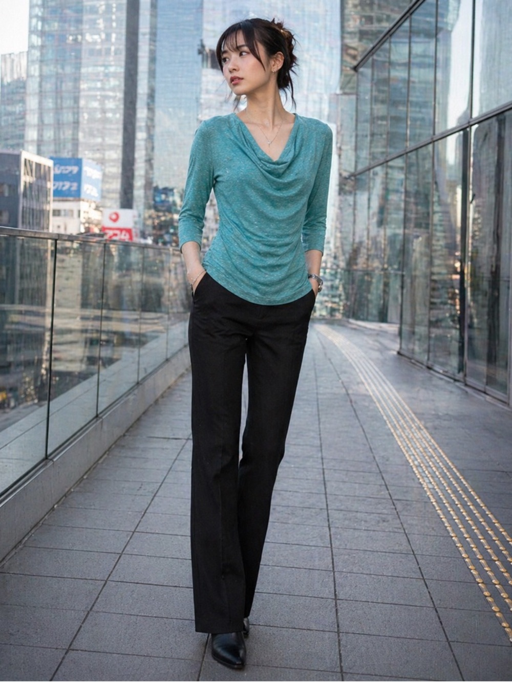 Danskin Teal Draped Cowl-Neck Long Sleeve Top